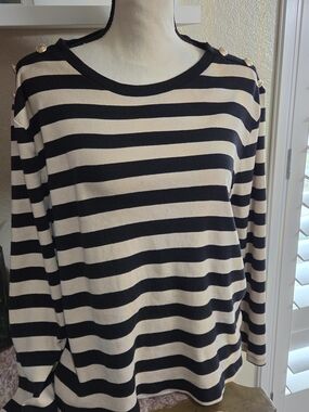 Rafaella Striped Black and Cream Button Shoulder Sweater, Size XXL